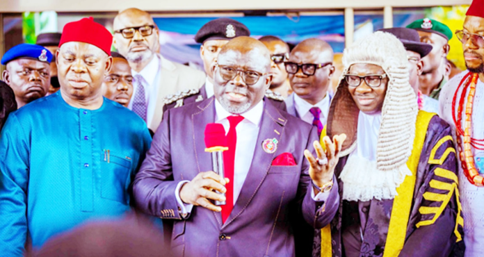 Governor Oborevwori (middle) flanked by his Deputy, Sir Monday Onyeme (left) and the Speaker, Rt. Hon. Emomotimi Guwor, while fielding questions from journalists shortly after he presented the 2025 Appropriation Bill to the State House of Assembly, in Asaba, last Thursday