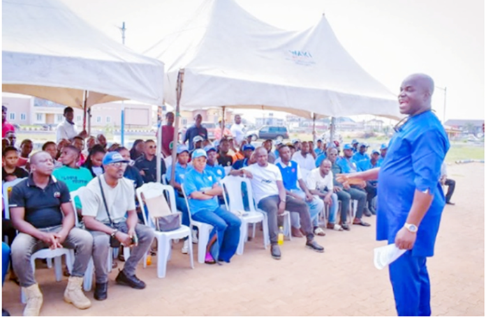 The supervisory councillor on Environment and Youth Mobilization, Comrade Sylvester Adim Dikedi addressing the new environmental marshals during their inauguration in Asaba.