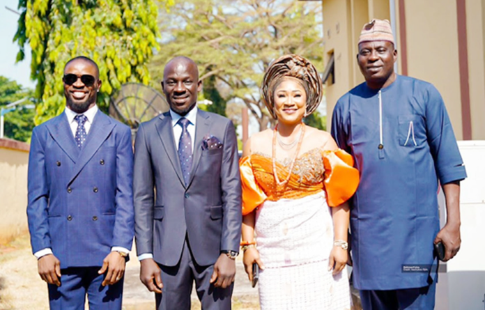 Chairman of Delta State Sports Commission, Mr. Onoriode Oborevwori (2nd left); alongside members of the Commission, Mrs. Henrietta Iheakonyen (2nd right); Mr. Samuel Sodje (left) and Mr. Oghale Ofremu, during their swearing-in at the Unity Hall, Government House, Asaba, yesterday.